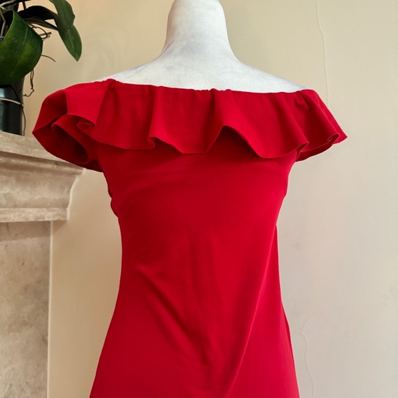 Susanna Monaco Red Ruffle Slit Maternity Gown Womens Size S Formal Off Shoulder - Picture 9 of 16